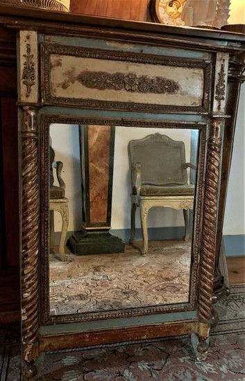 Cream, green and gold lacquered wood frame mirror...