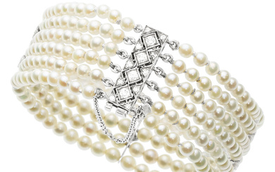 Cultured Pearl, Diamond, Platinum, White Gold Bracelet Stones: Single...