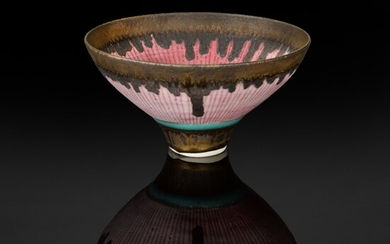 DAME LUCIE RIE | FOOTED PINK BOWL WITH BRONZED RIM