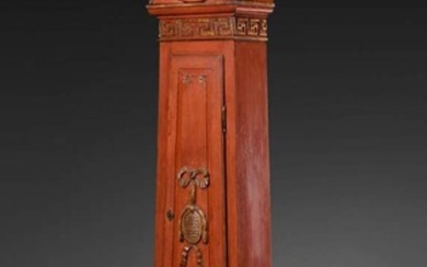 Danish grandfather clock with iron-red case and gilded carving decorations, painted metal dial with Roman numerals, sign. "L. Holm Aalborg", around 1780, simple 8-day movement with strike on the hour, 238x56x30cm, (no guarantee on movement and...