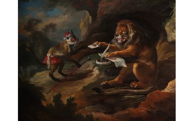 David TENIERS LE JEUNE (1610-1690) Entourage of "The Lion and the Monkey" Oil on panel, 17th century