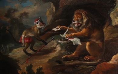 David TENIERS LE JEUNE (ANVERS 1610-1690 BRUXELLES) Entourage de "Le lion et le Singe" Huile...