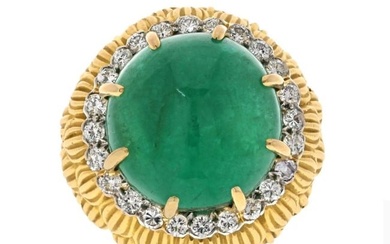 David Webb Platinum & 18K Yellow Gold Cabochon Green Emerald And Diamond Textured Ring