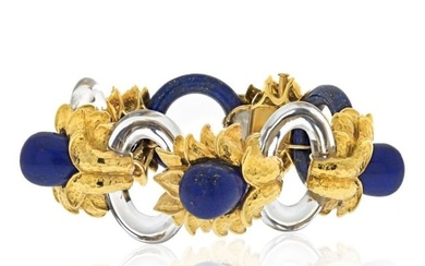 David Webb Platinum & 18K Yellow Gold Rock Crystal Lapis Floral Style Bracelet