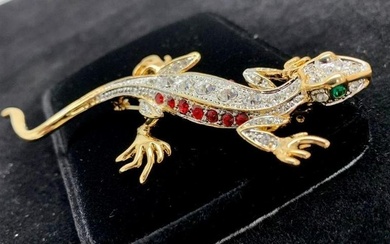 Delicate Gecko Brooch with Encrusted Swarovski Crystals, Rubies, and Emeralds