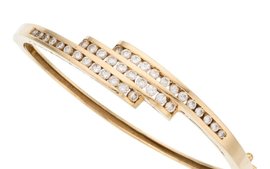 Diamond, Gold Bracelet The hinged bracelet features full-cut diamonds...