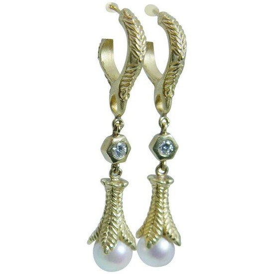 Diamond Pearl Earrings 18K Gold Dangle Vintage