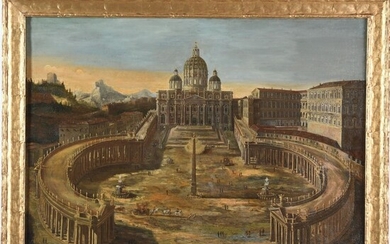 ÉCOLE ITALIENNE vers 1700. « La basilique Saint-Pierre et le Vatican avec une belle animation...
