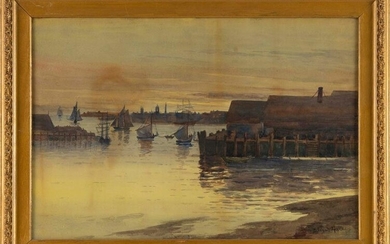 EDWARD A. HARVEY (Massachusetts, 1862-1917), Sunset over the harbor., Watercolor on paper, 14" x 20"