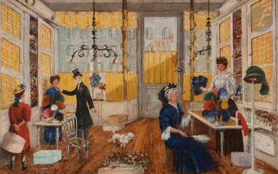 E.F. DUFOUR (XIXth-XXth century)Chez la chapelière, 1909Oilon canvas.Signed lower right.(Restorations).39 x 55 cm
