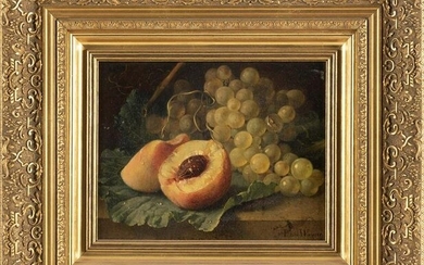 ELISE PUYROCHE-WAGNER (Germany, 1828-1895), Still life of grapes and a peach., Oil on board, 8.25" x