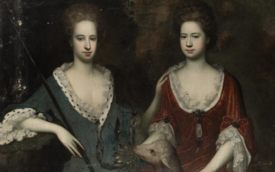 ENGLISH SCHOOL (18th century) "Portrait of two ladies with a lamb"