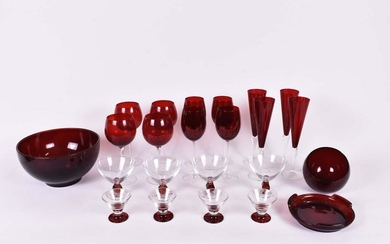 EXTENSIVE GRP OF RUBY GLASS STEMWARE & TABLE ITEMS