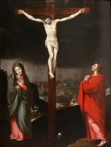 École flamande vers 1605 Le Christ en croix entour…