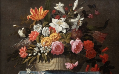 Ecole hollandaise du XVIIIème siècle. Nature morte à la corbeille de fleurs. Huile sur toile....