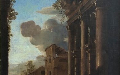 École italienne vers 1750, suiveur de Viviano Codazzi. Paysage animé de personnages dans des ruines....