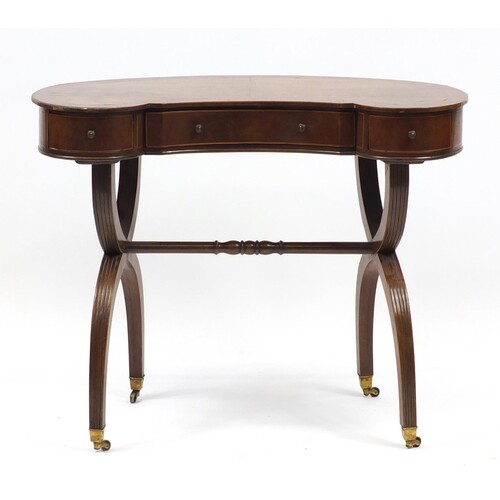Edwardian inlaid mahogany kidney shaped side table with X sh...