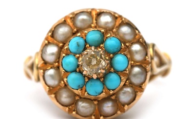 Een 14 krt. gouden entourage ring met diamant, turkoois en parels