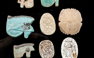 Egyptian Faience Wedjat Eye Amulets + Scarabs (11 pcs)