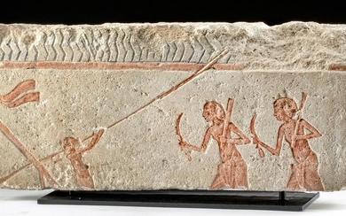 Egyptian Amarna Limestone Relief Panel, 3 Men on Boat