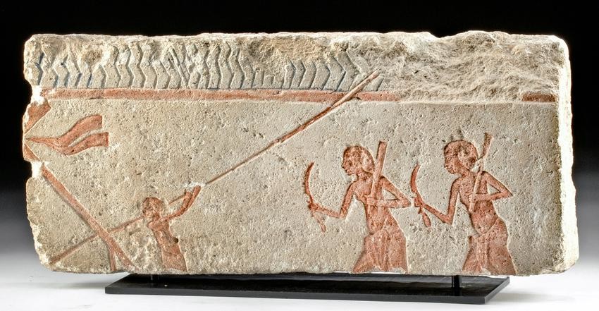 Egyptian Amarna Limestone Relief Panel, 3 Men on Boat