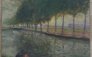Elie Anatole PAVIL (1873-1948) : Deux enfants au bord d'un canal Huile sur toile signée...