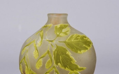 Emile Gallé (1846 ~ 1904) French Art Nouveau Cameo Glass Vase. Japanese inspired green field maple decoration on a cream/peach field, signed Gallé in raised cameo. Circa 1900. Height 12 cm