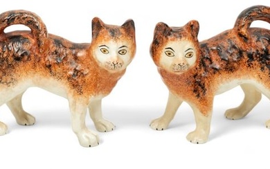 English 19th Century Staffordshire Pottery Cats, H 5.25" W 2" L 6.25" 1 Pair