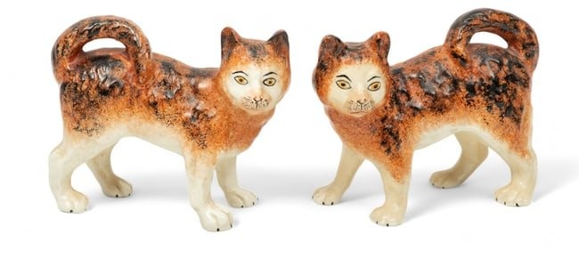English 19th Century Staffordshire Pottery Cats, H 5.25" W 2" L 6.25" 1 Pair
