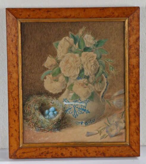 English School (19th century) Still life of flowers in a blue & white jug with a bird's nest and