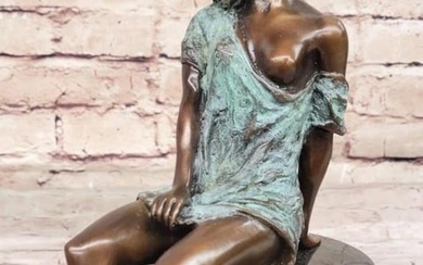 Eternal Elegance: Milo's Signed Bronze Statue of a Serene Young Girl on Marble Base - 11" x 7"