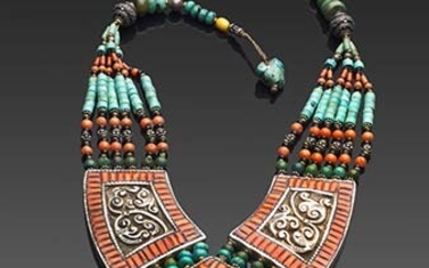 Ethnic necklace with Mediterranean coral (Corallium Rubrum) inserts and colored...