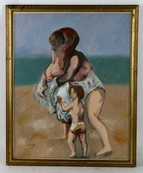 FINE PORTRAIT STUDY MOTHER WITH CHILDREN ON BEACH