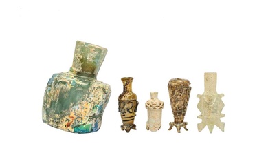 FOUR SMALL EARLY ISLAMIC GLASS OINTMENT FLASKS AND A MISFIRED BOTTLE Syria or Egypt and Iran, 9th - 12th century