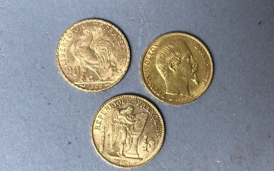 FRANCE. Three 20 francs coins, 1 x1852 Louis...
