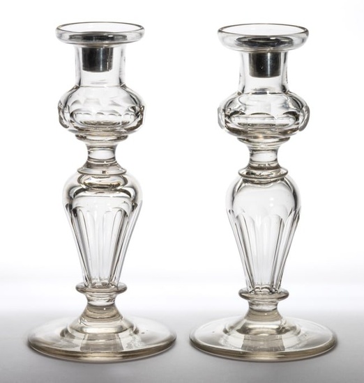 FREE-BLOWN AND CUT GLASS PAIR OF CANDLESTICKS