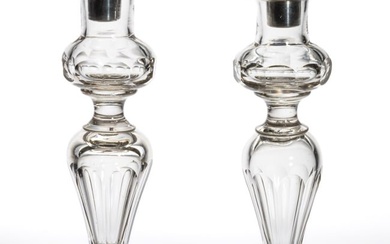 FREE-BLOWN AND CUT GLASS PAIR OF CANDLESTICKS