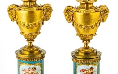FRENCH DORE BRONZE & SEVRES PORCELAIN MARBLE URNS, 19TH