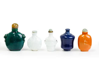 Five Chinese monochrome-glazed snuff bottles Early-late Qing dynasty Comprising: two moulded...