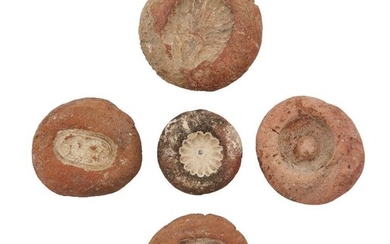 Five Egyptian terracotta bead and ring moulds, Amarna Period, 14th...