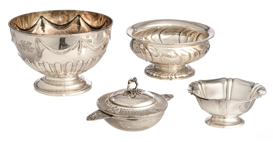 Four various French, English & German silver bowls, 19th-20thC, H 7,6 - 9,8 - 10,1 - 14,5 cm, total weight silver c. 1.445 g.