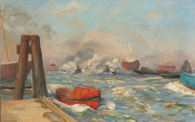 SOLD. Frans Henriques: View from the harbour of Hamburg. Signed and dated Frans Henriques 1914. Oil on canvas. 85 x 111 cm. – Bruun Rasmussen Auctioneers of Fine Art