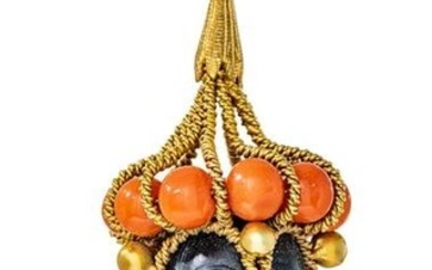 French 18K Gold, Coral, Pearls, Ebony Nubian Pendant H 2.2’’ 0.86G