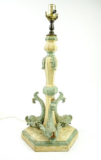 French Dolphin Base Wooden Table Lamp