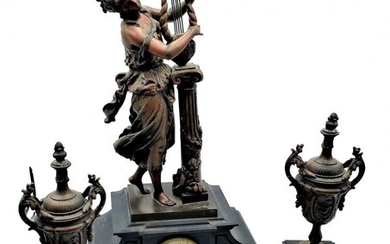 French Figural Spelter Clock with Side Urns