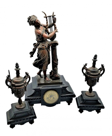 French Figural Spelter Clock with Side Urns