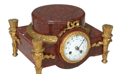 French Gilt Bronze and Marble Drum Clock, 19th c., H.- 7 in., W.- 10 3/4 in., D.- 9 in.