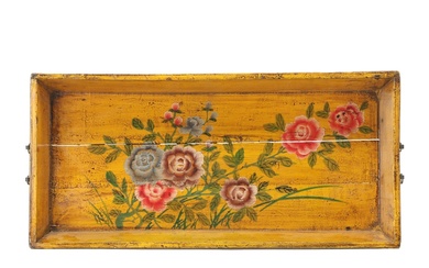 French Provincial Style Paint-Decorated Wooden Tray with Metal Handles