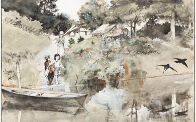 GEORGE BREHM (1878-1966) Children at the Pond.