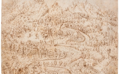 GERMAN SCHOOL, EARLY/MID-16TH CENTURY | BIRD'S EYE VIEW OF A RUGGED, WOODED RIVER LANDSCAPE
